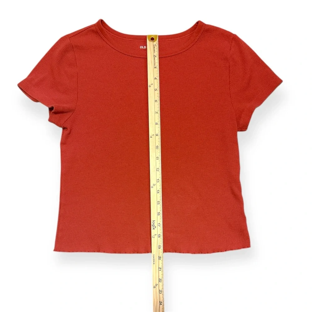 Old Navy Rib Knit Short Sleeve T-Shirt Ruffled Hem Women’s L Rust Orange - Picture 2 of 6